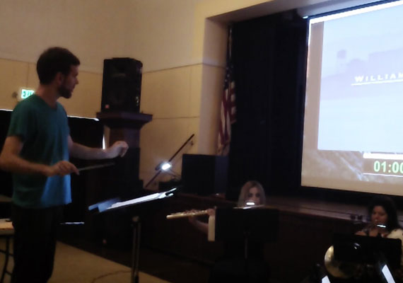 Conducting a piece for woodwind quintet following the movie with punchs and strimmers for the conducting class at UCLA Extension.